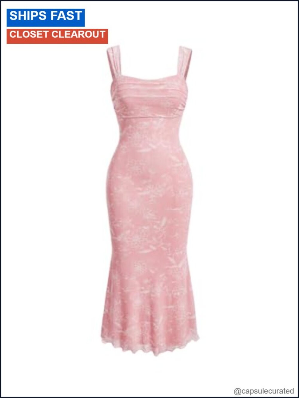 Floral Midi Dress Ruched Mesh Lace Ruffle Sleeveless Mermaid Cocktail Party